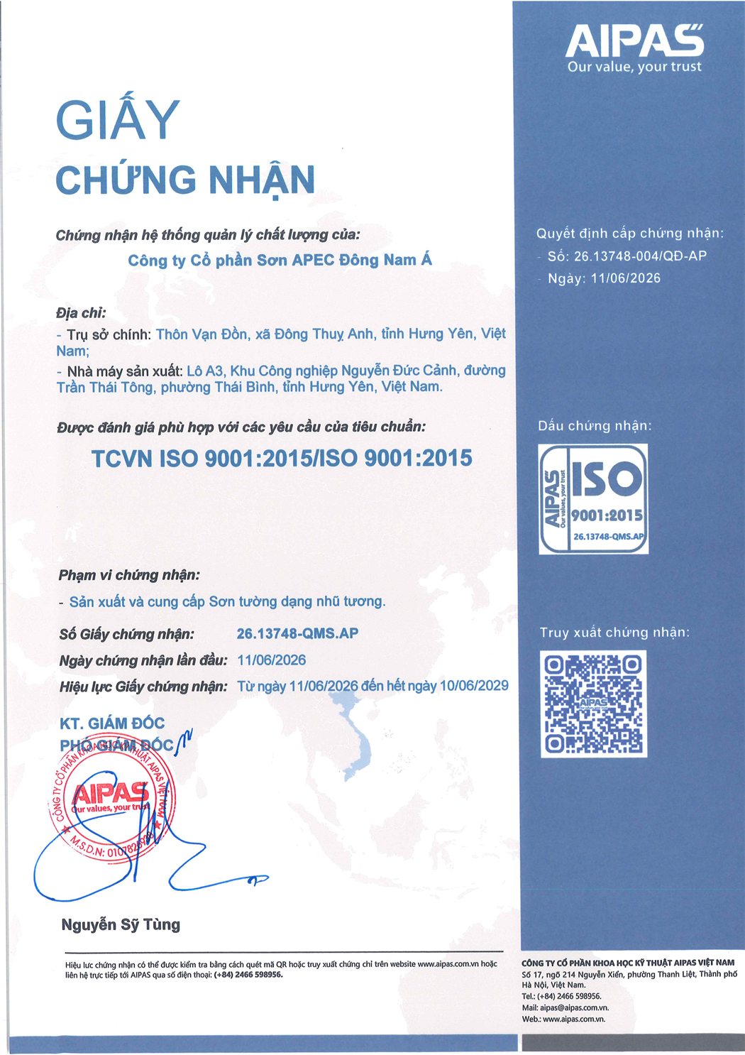 Giấy chứng nhận ISO 9001:2015 – Sơn APEC Đông Nam Á