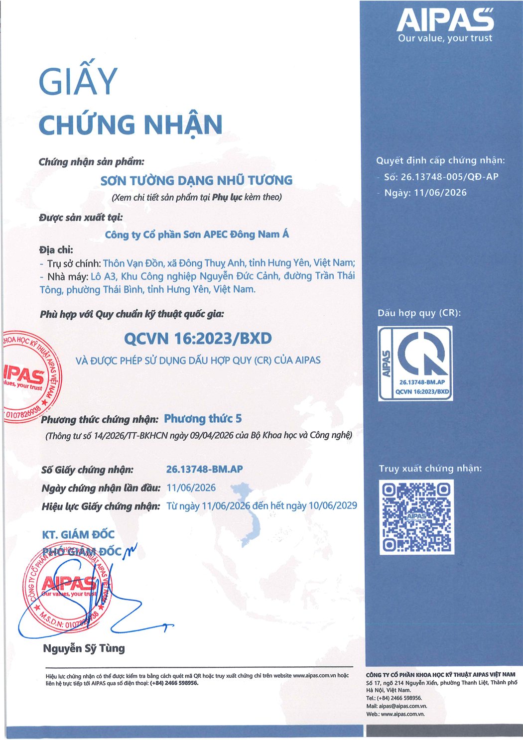 Giấy chứng nhận hợp quy QCVN 16:2023/BXD – Sơn APEC Đông Nam Á